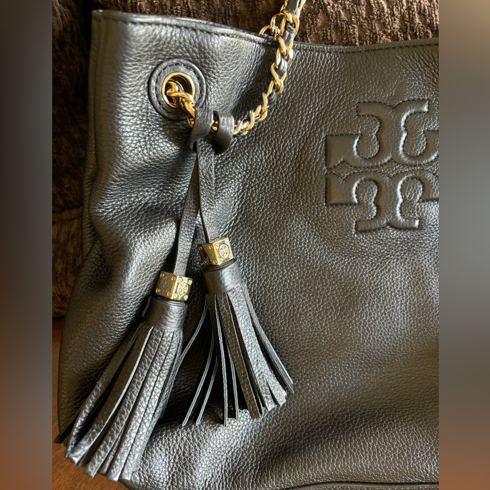Tory Burch Black Leather Tote with tassels. Gently used in excellent condition! - Picture 4 of 13